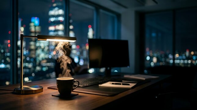 Modern office desk with computer monitor and lamp during late-night work session in dim lighting