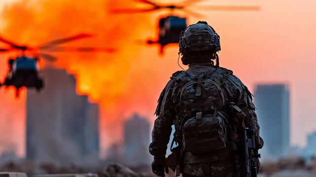 Soldier overlooking city at sunset, helicopter approaching through orange smoke and haze, blurred urban skyline in distance, infantryman in full tactical gear