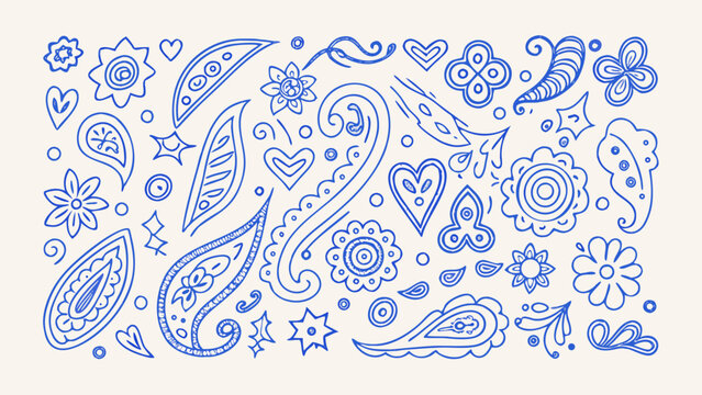 blue line art doodles featuring floral motifs paisley shapes hearts and abstract swirls on a white background