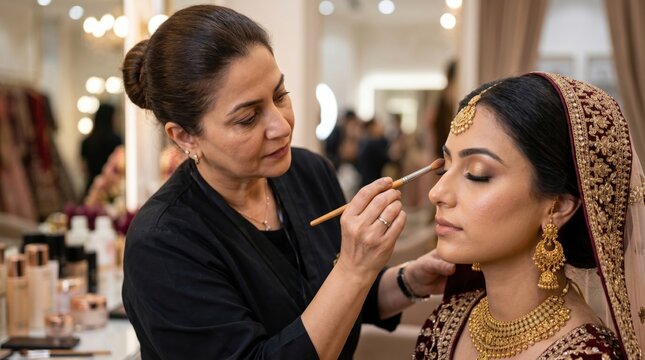 Professional makeup artist applying elegant eyeshadow to a beautiful South Asian bride adorned in traditional gold jewelry and maroon attire inside a warm-lit luxury beauty salon.