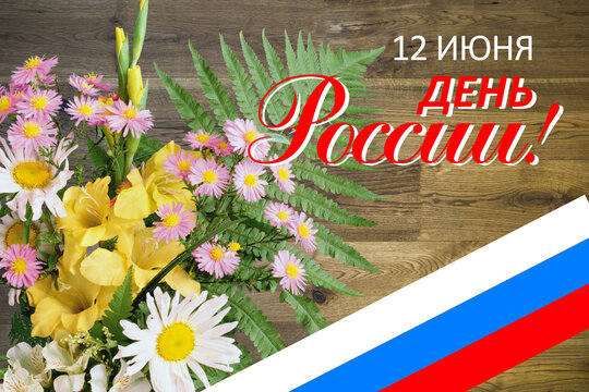 June 12 national holiday celebration banners with Russian flag colors, text in Russian