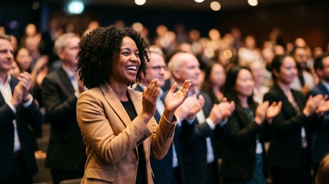 Audience claps enthusiastically during live presentation. Woman smiles broadly, eyes bright with joy and approval. Crowd engages, hands raised in unified celebration. Ideal for business, training