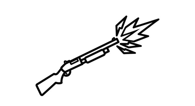 Black outline of a shotgun being fired with a muzzle flash coming from the barrel on a white background for hunting, sport, and security concepts.
