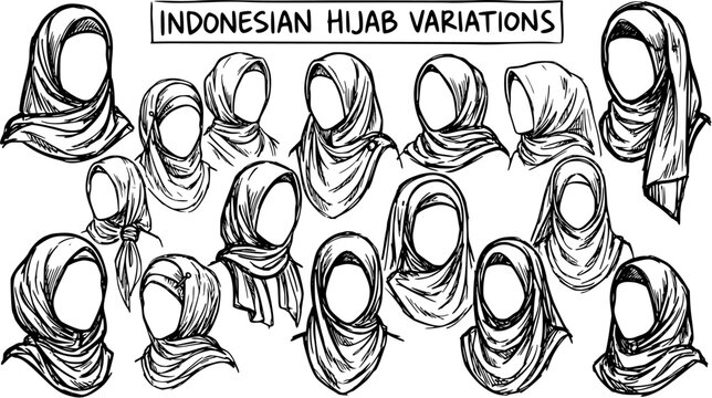 Indonesian Hijab Variations Black  White Line Art Sketch for Muslim Women Headscarf Fashion and Cultural Styles