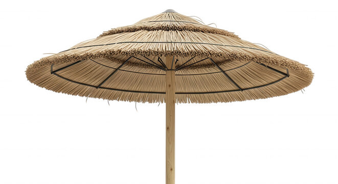 A round, thatched beach umbrella with a wooden pole and metal frame, isolated against a solid black background, for summer vacation concepts