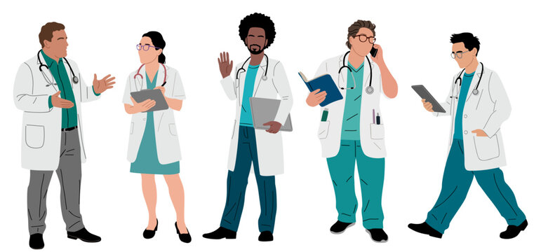 Set of doctors and medical professionals in white coats carrying tools walking communicating and working in modern healthcare illustration