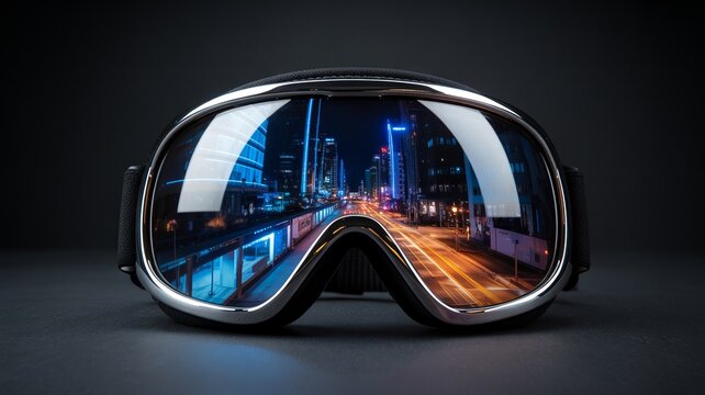 Ski goggles reflecting glowing futuristic neon cityscape &ndash; Great for winter resort marketing, futuristic fashion, or virtual reality gear.