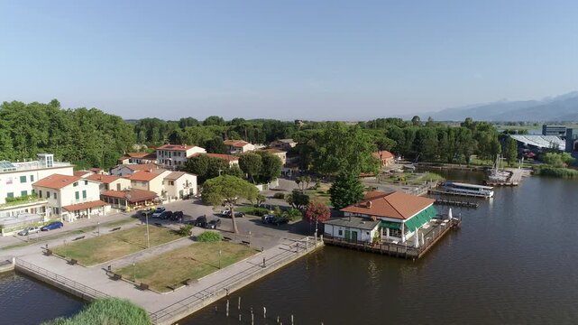Aerial view of Torre del Lago Puccini on Lake Massaciuccoli, Viareggio, Province of Lucca, Tuscany, Italy