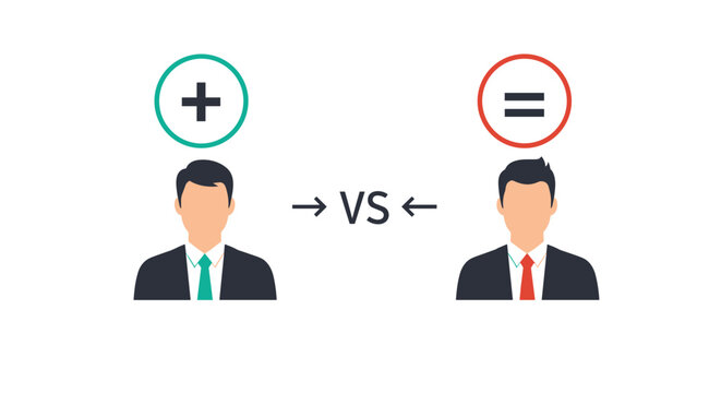Business competition concept showing two men in suits facing off with a versus sign and mathematical symbols above their heads in office.