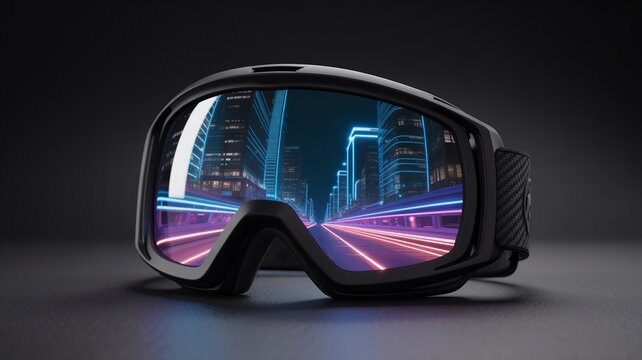 Black ski goggles with neon city transportation lines in lens &ndash; Ideal for smart eyewear technology, extreme sports apps, or winter travel.