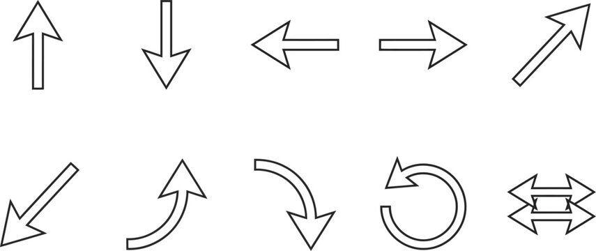 Set of simple black outlined arrow icons for interface design.