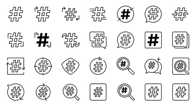 Collection of Hashtag Icons and Symbols, Diverse Styles Featuring Arrows, Magnifying Glass, Chat Bubbles, and Geometric Shapes