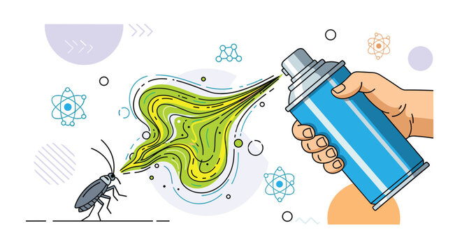 Hand spraying a can of chemical insecticide onto a black cockroach to demonstrate pest control and household hygiene in a residential area.