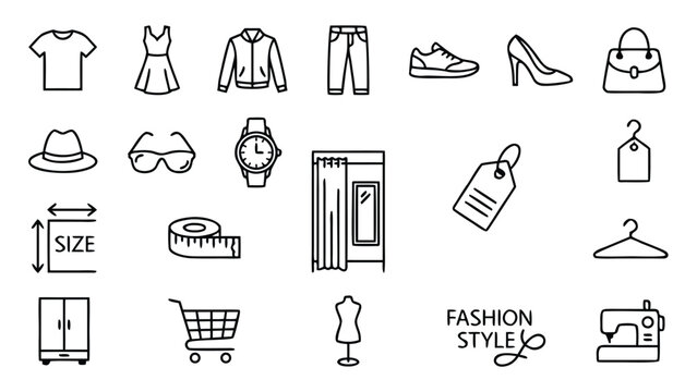 A professional collection of 20 fashion and apparel line icons including clothing, shoes, accessories, size chart, fitting room, shopping cart, sewing machine, and mannequin for retail design.