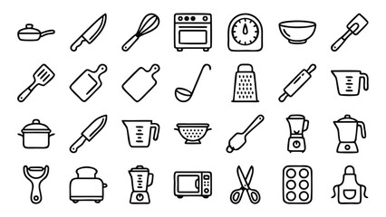 Naklejka premium Minimalist Kitchen Tool and Cooking Utensil Vector Line Icon Set Featuring Pan, Knife, Whisk, Oven, Scale, Bowl, Spatula, Cutting Board, Ladle, Grater, Rolling Pin, Pot, Blender, Toaster, Microwave.