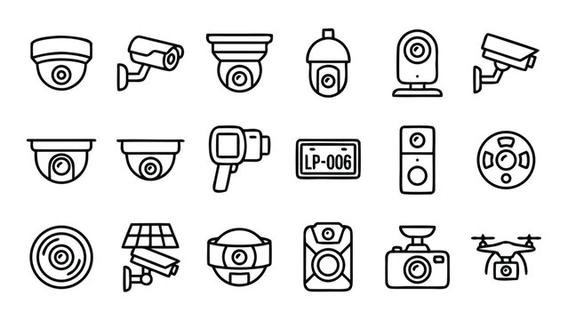 Set of 18 Minimalist Security and Surveillance Camera Line Icons Including CCTV, Dome, Bullet, Thermal Imaging, License Plate Recognition, Smart Doorbell, Body Cam, Dashcam, and Drone Technology.