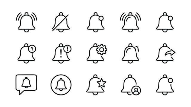 Vector Set of Notification Bell and Alert Line Icons in Minimalistic Style Featuring Ringing, Muted, Settings, Message, and User Notification Symbols for UI UX Design, Mobile Apps, and Websites