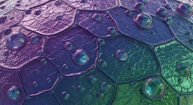 Abstract iridescent texture with hexagonal shapes and bubble accents.