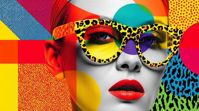 Vibrant pop art portrait caucasian model wearing leopard print sunglasses and red lipstick, geometric color blocks, animal print textures, halftone dots, neon