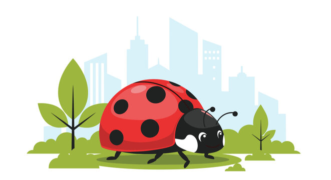 Large red ladybug crawling on a green grassy field with a modern city skyline silhouette in the distant background.
