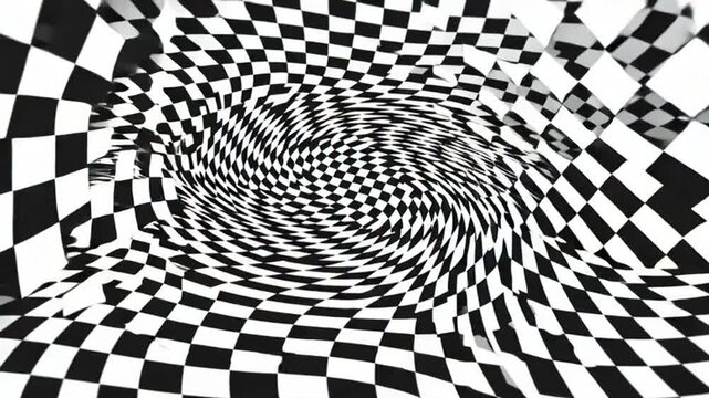 Black and white checkered spiral pattern with optical illusion effect