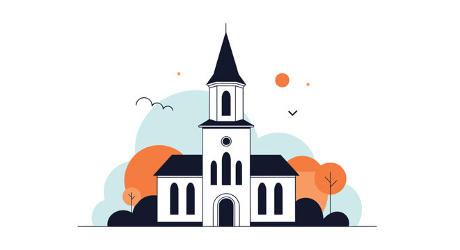 Quaint white church building with a tall steeple set against a soft colorful background for community and faith.