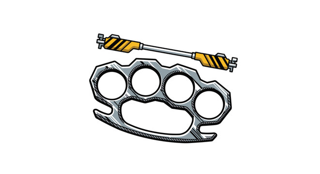 Self defense weapons including metal brass knuckles and a tactical expandable baton are illustrated for security and protection concepts.