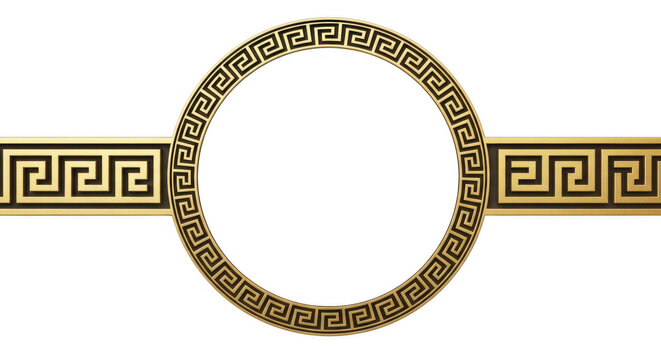 Decorative gold circle frame with greek key pattern border element isolated on transparent background