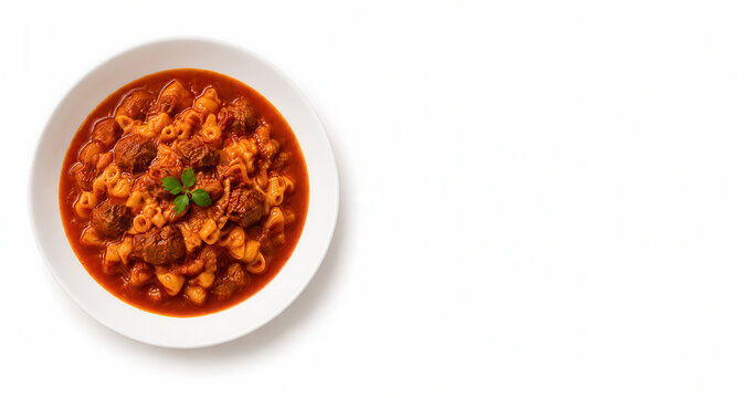 Guiso de fideos argentino su sfondo bianco con spazio libero. Generative AI 
