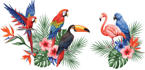 Fototapeta premium Tropical birds and flowers including parrot toucan flamingo palm leaves and hibiscus on white background