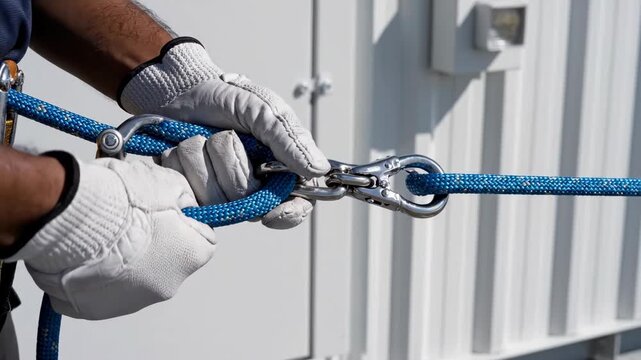 Hands of Construction Worker in Leather Gloves Adjusting Blue Safety Rope and Metal Carabiner