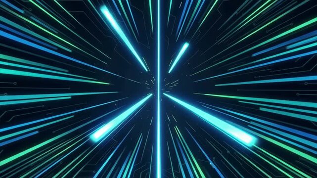 A futuristic digital tunnel with vibrant blue and green light beams emanating from the center, symbolizing innovation.