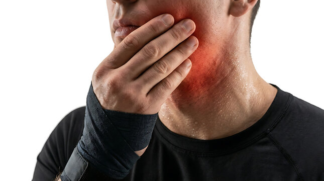 Man with Jaw Pain & Neck Discomfort. Healthcare, Dental, Pain Relief. Toothache, TMJ, Muscle Strain Symptom.
