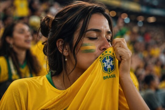 Passionate brazilian soccer fan kissing the national team jersey in stadium