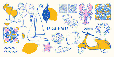 Naklejka na ściany i meble Amalfi coast element set with lemons, Mediterranean ceramic tiles, scooter, cocktails and sea elements. Hand drawn doodle vector collection for stickers, packaging, poster and stationery