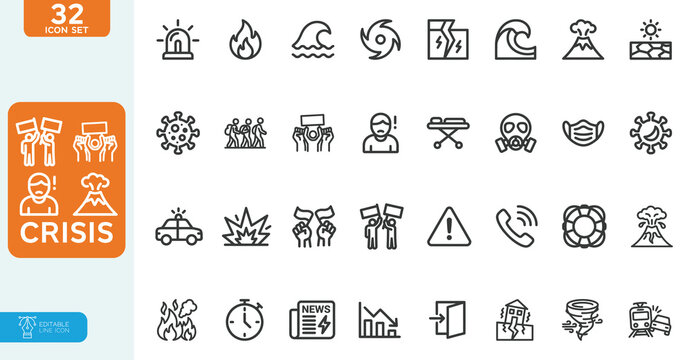 Crisis Vector Illustration line editable icon set. Contain icons related to crisis, decrease, risk, alert, failure, layoff, job fired, pay cuts, low cost, breakdown, and more. on white background.