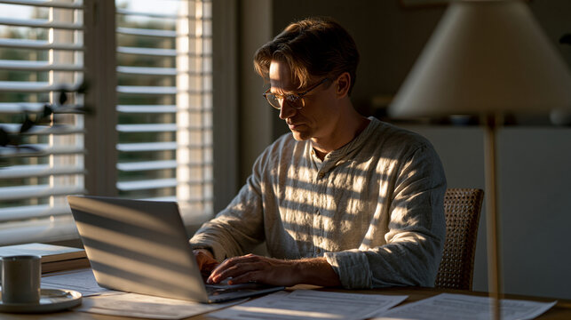 Solo male therapist in a modest office reviewing weekly engagement analytics from a patient's digital therapeutics prescription app on his laptop, printed cognitive behavioral therapy worksheets spr