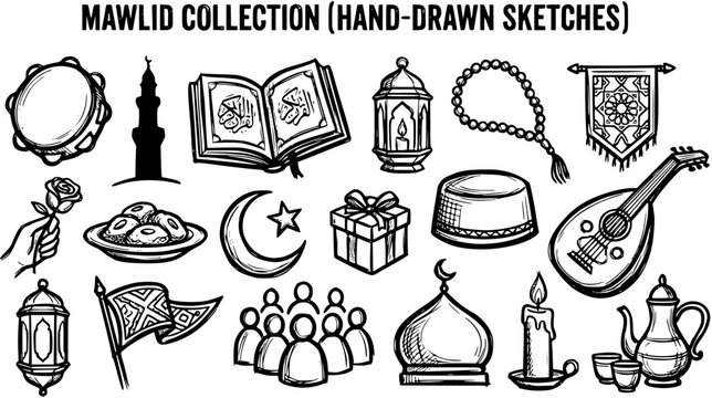 Islamic Mawlid Collection: Hand-Drawn Sketches of Symbols like Quran, Mosque, Lanterns, Rose, Beads, Guitar, Gift, Food, Flag, Tea Set