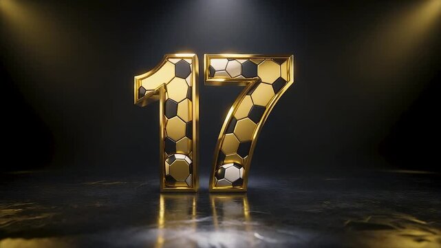 Luxury cinematic number 17 with golden metallic finish and embedded soccer balls texture animation