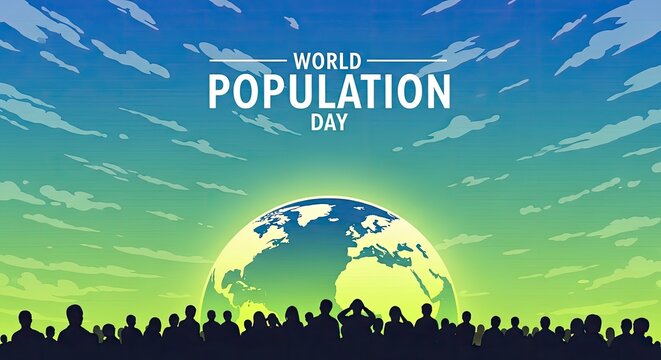 World population day illustration with globe and crowd silhouette