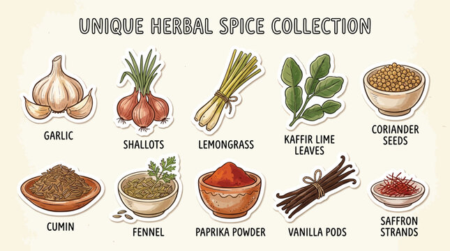 A vibrant collection of unique herbal spices and seasonings, perfect for culinary inspiration.
