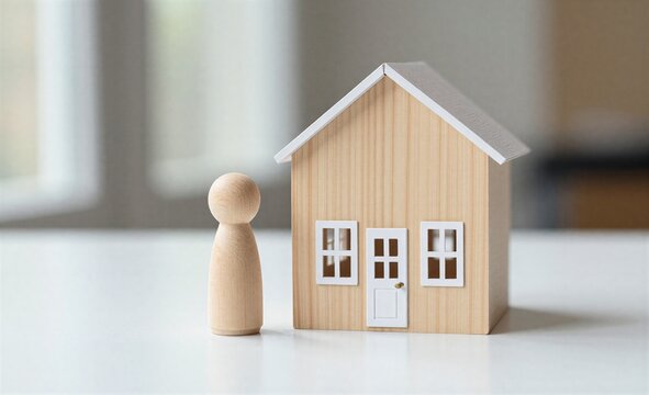 Wooden figure stands beside tiny house symbolizing home ownership or