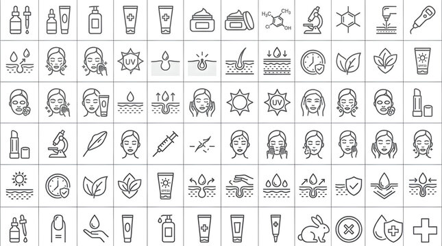 Comprehensive set of line icons for skincare, beauty, and cosmetic products, illustrating various skin types, treatments, and scientific aspects.