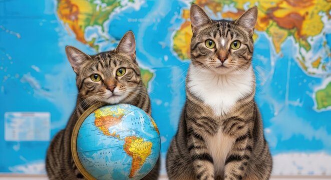 Two tabby cats sitting in front of a world map with one holding a globe