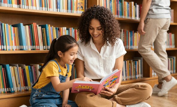 Mother reads to daughter in library smiling as child listens