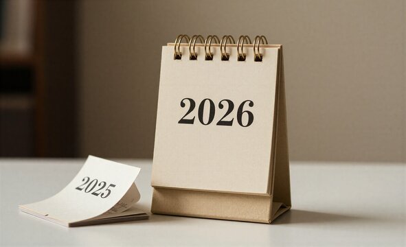 A 2026 calendar stands tall with a stack of 2025 pages beside it.