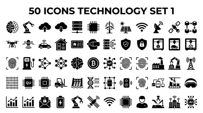 Collection of 50 black silhouette technology icons representing various modern concepts like AI, cloud computing, robotics, and smart systems.