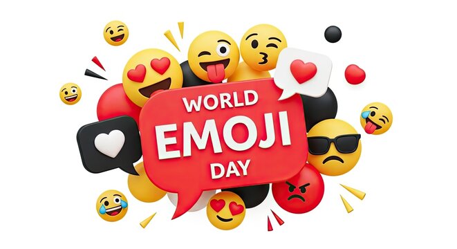A colorful illustration celebrating world emoji day with various emojis on a white background