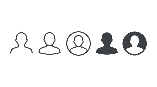 Five different styles of user profile icons, including outlined and filled silhouettes, representing people or avatars for digital interfaces.