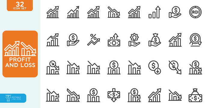 Profit and lossVector Illustration line editable icon set. Contain icons related to increase, decrease, graph, profit and loss statement, and more. on white background.